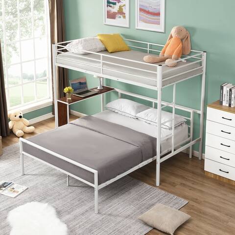Twin over Full Metal Bunk Bed with Built-in Desk