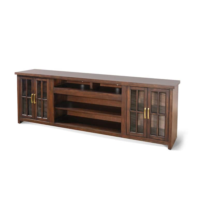 Zeka TV Media Console, 98 Inch w 2 Glass Cabinets, Dark Brown Mahogany