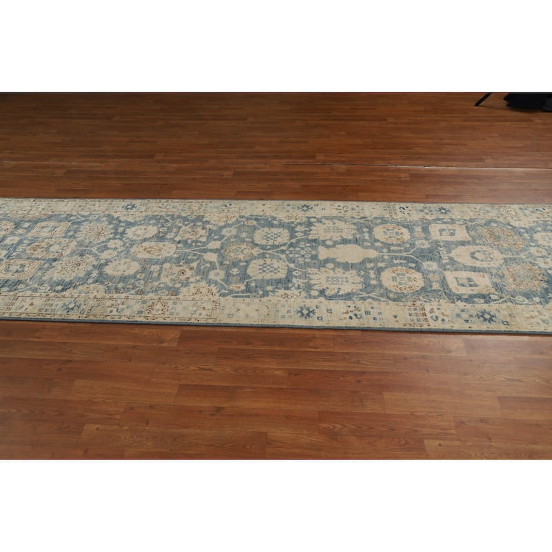 Hand Knotted Oriental 100% Wool Carpet Transitional All-Over Navy Blue & Blues Oushak Runner Rug - 11' 7'' X 3' 2''