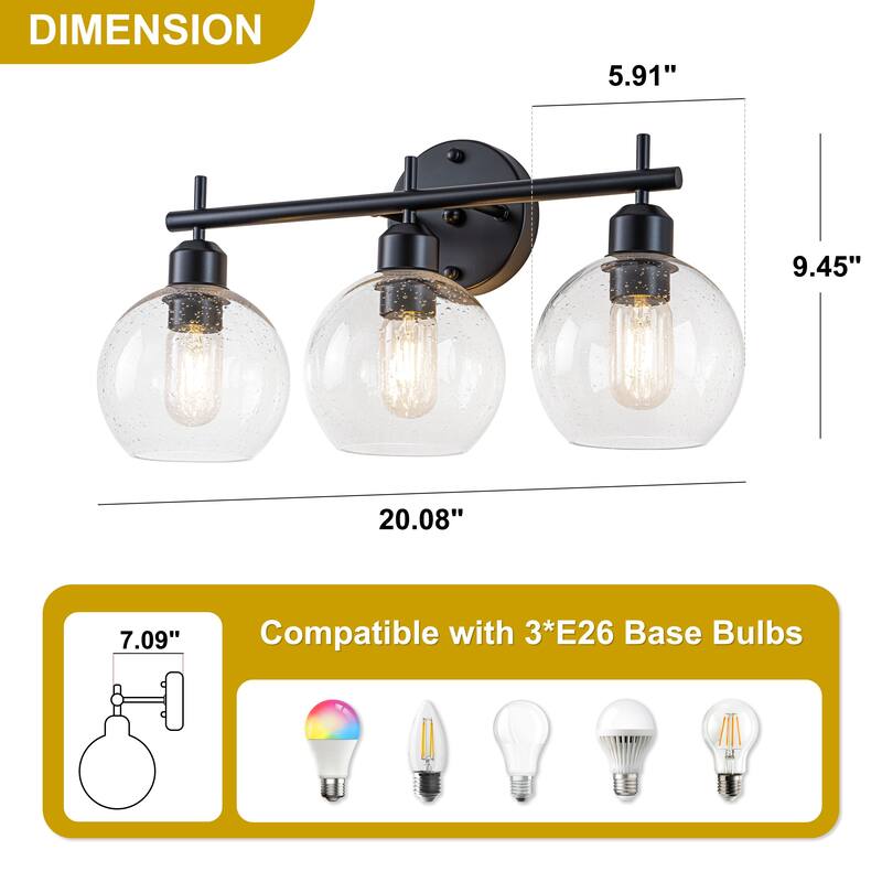 Starsky Modern 3-Light Dimmable Vanity Light with Seeded Glass Globes
