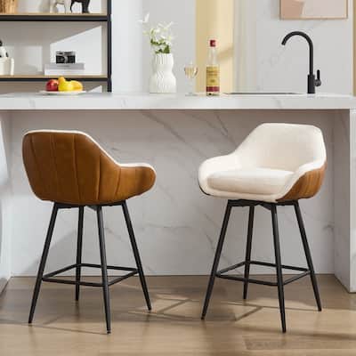 26" Counter Height Swivel Bar Stools, Upholstered Sherpa Barstools with Back for Kitchen Island