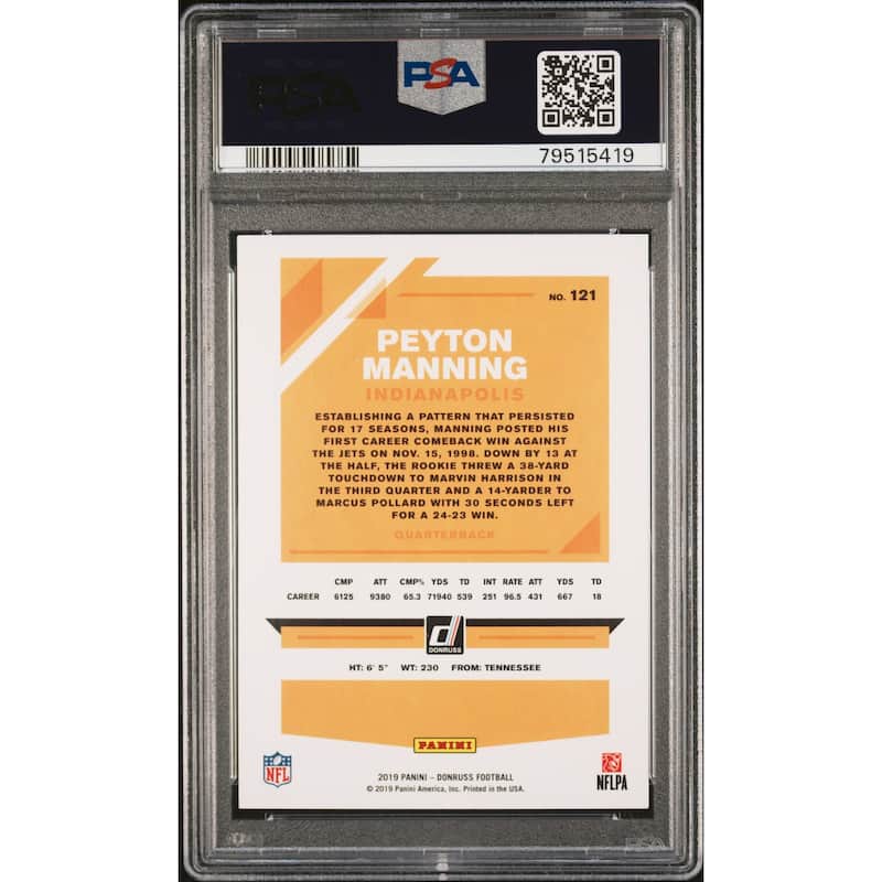 Peyton Manning 2019 Panini Donruss Football Card #121 Graded PSA 10 - 8'6" x 11'6"