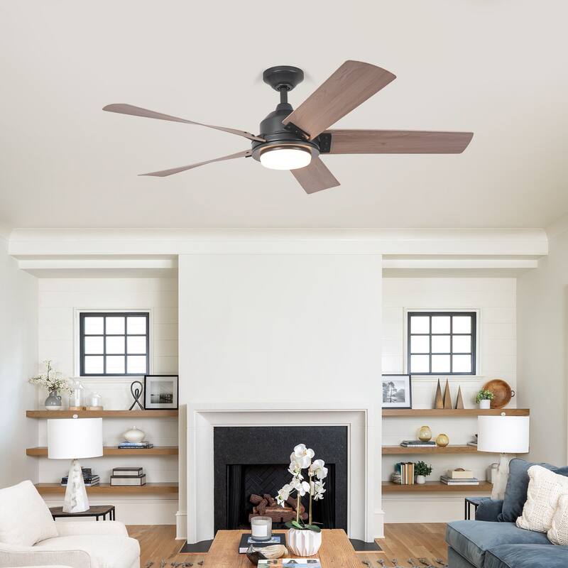 52" Farmhouse Integrated LED Black Dimmable Ceiling Fan with Light and Remote - 52" D x 52" W x 13.2" H