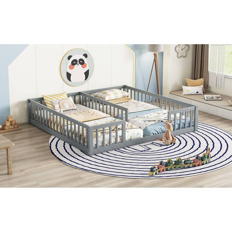 Roomfitters Double Twin Floor Bed Frame with Fence and Guardrails, Low Profile Shared Platform Bed, No Door Design