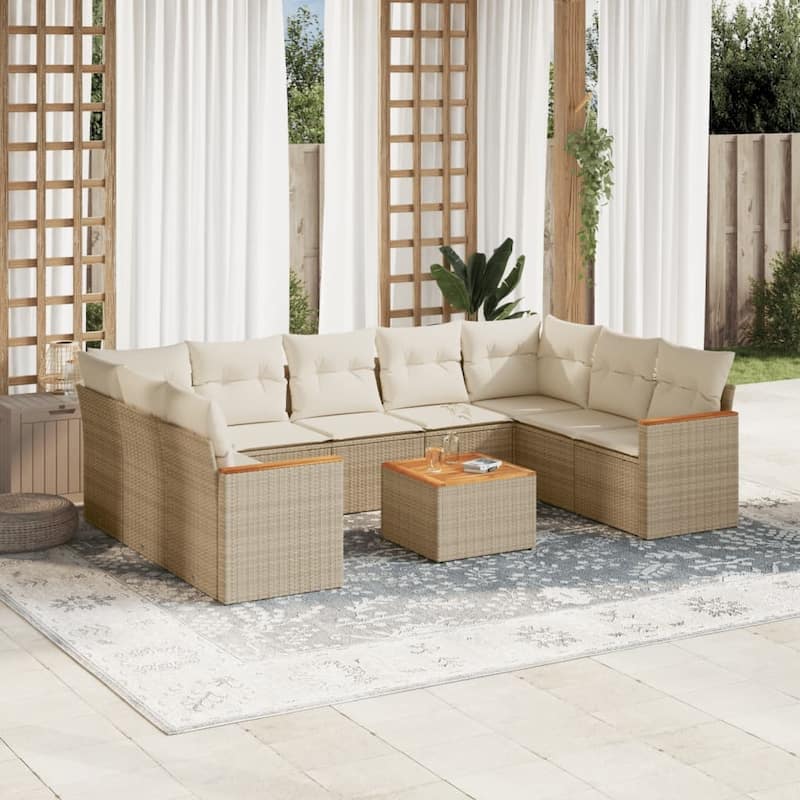 vidaXL Patio Sofa Set with Cushions Outdoor Conversation Furniture Poly Rattan - 24.4 x 24.4 x 27.2 in - Beige with table