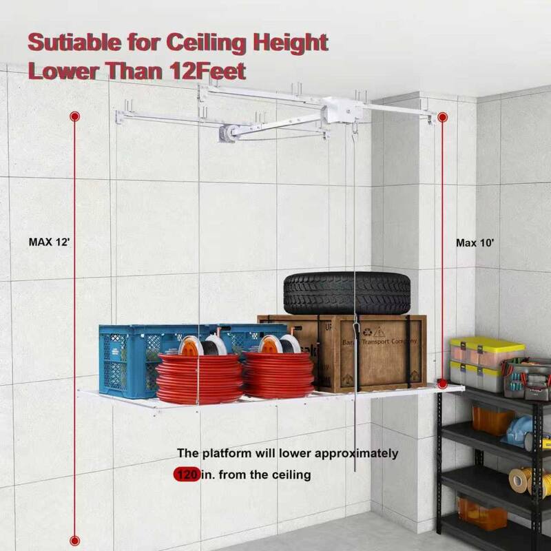 Roomfitters Overhead Garage Storage Rack 3x6 FT, Crank Down Ceiling Organizer for 10-12 FT Garages, 270lb Lift, White