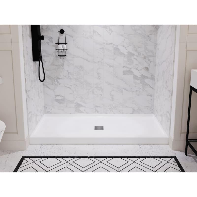 Alexander 60 in. L x 32 in. W Alcove Shower Pan Base with Center Drain in Glossy White Marine Acrylic