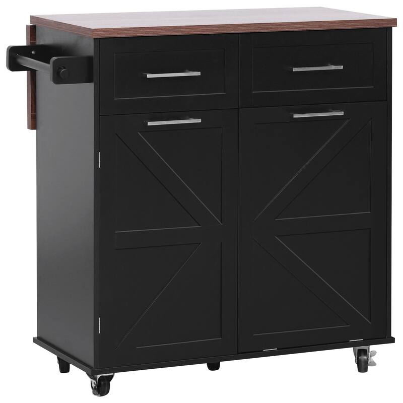 Farmhouse Rolling Kitchen Island Storage Cart on Wheels with Drop Leaf, Removable Side Spice Rack, 2 Drawers, Towel Rack