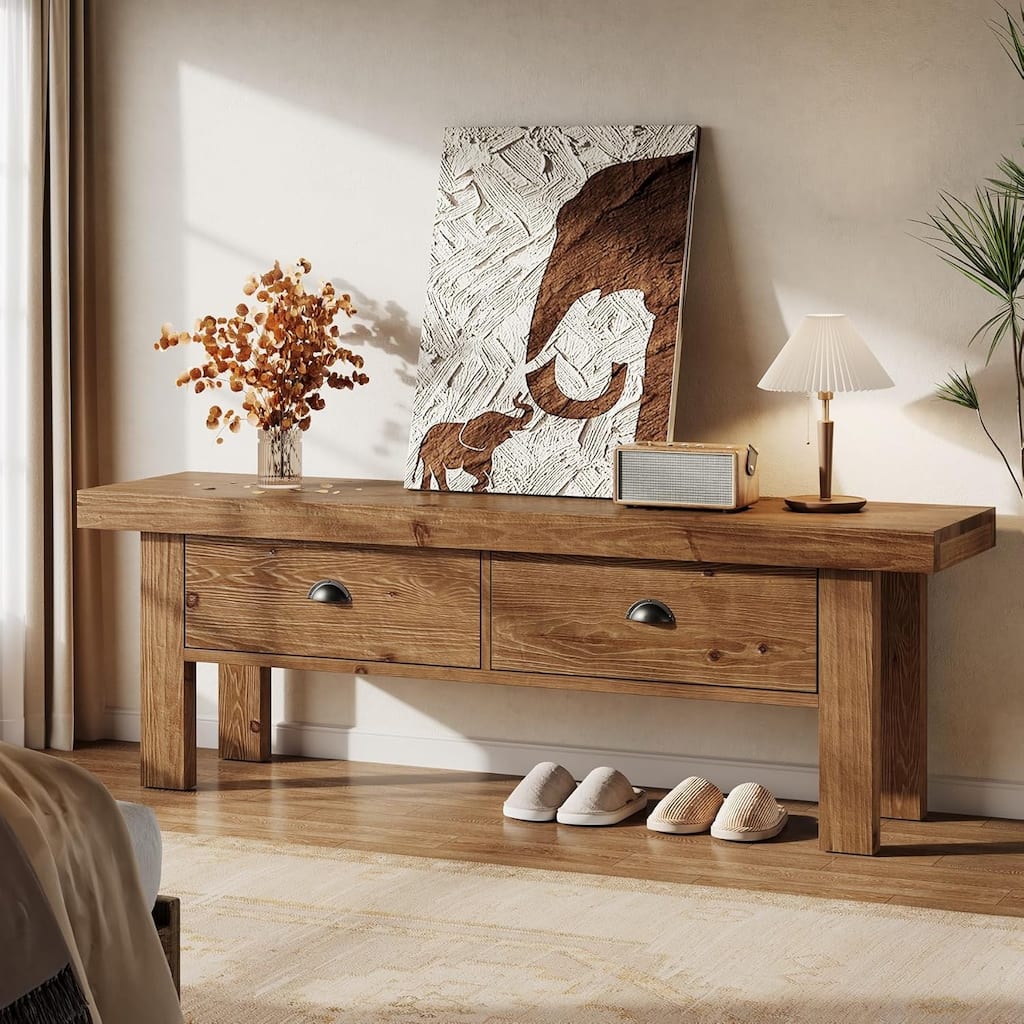 55" Solid Wood Long Bench with 2 Drawers and Open Storage Shelves