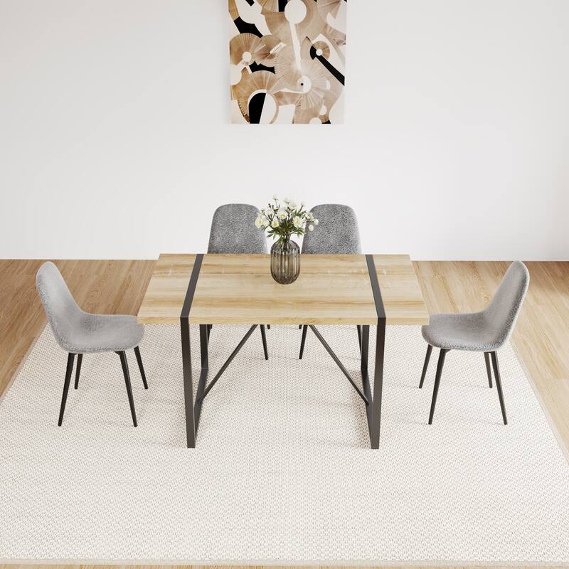 MDF Dining Table and Dining Chairs Set of 4,Wooden Kitchen Table Set,Metal Base & Legs,Dining Room Table and Suede Chairs