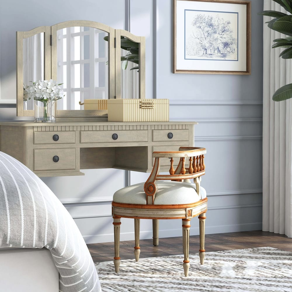 Hathaway 22.5 in. W Oval Upholstered and Wood Traditional Vanity Seat