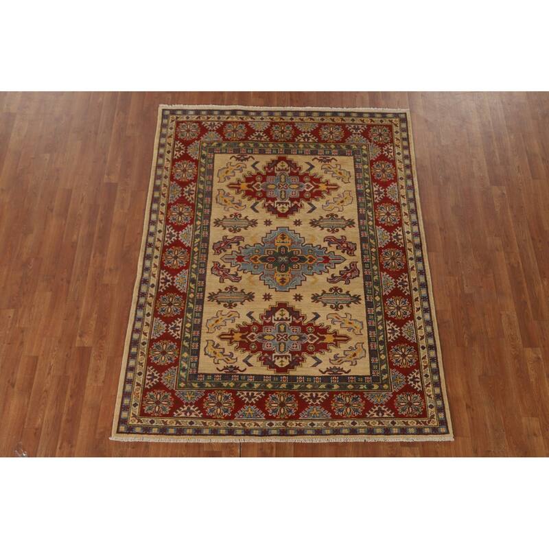 Kazak Area Rug Handmade Oriental Yellow Wool Carpet - 5'2" x 6'7"