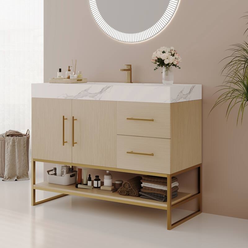 36" Modern Bathroom Vanity with Seamless Ceramic Sink & Gold Accent Free Standing Cabinet