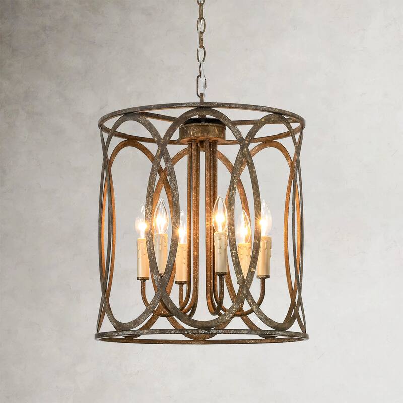 4-light Retro Bronze Rusted Finish Drum/Cylinder Frame Design Chandelier For Use in Kitchen Island, Dining Rooms - 17.9 in. W x 20.5 in. H x 17.9 in. D