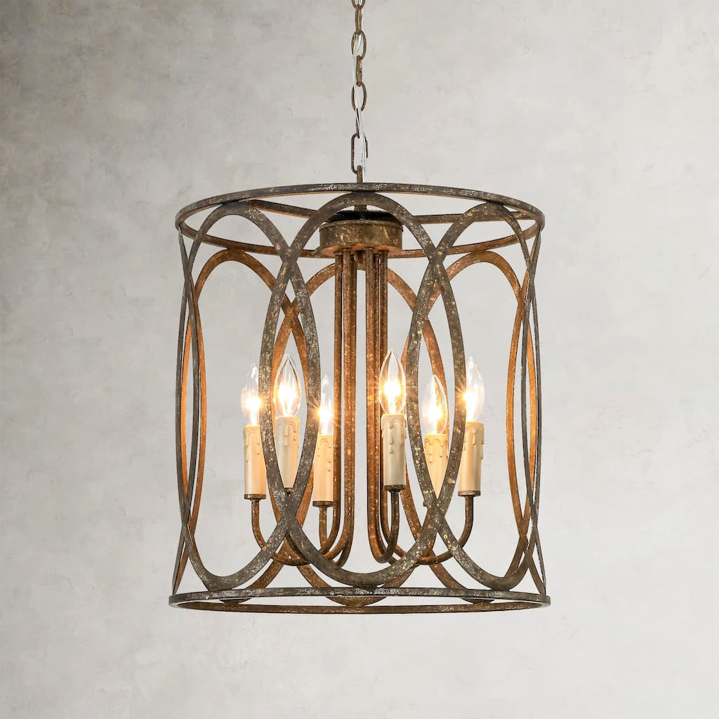 4-light Retro Bronze Rusted Finish Drum/Cylinder Frame Design Chandelier For Use in Kitchen Island, Dining Rooms