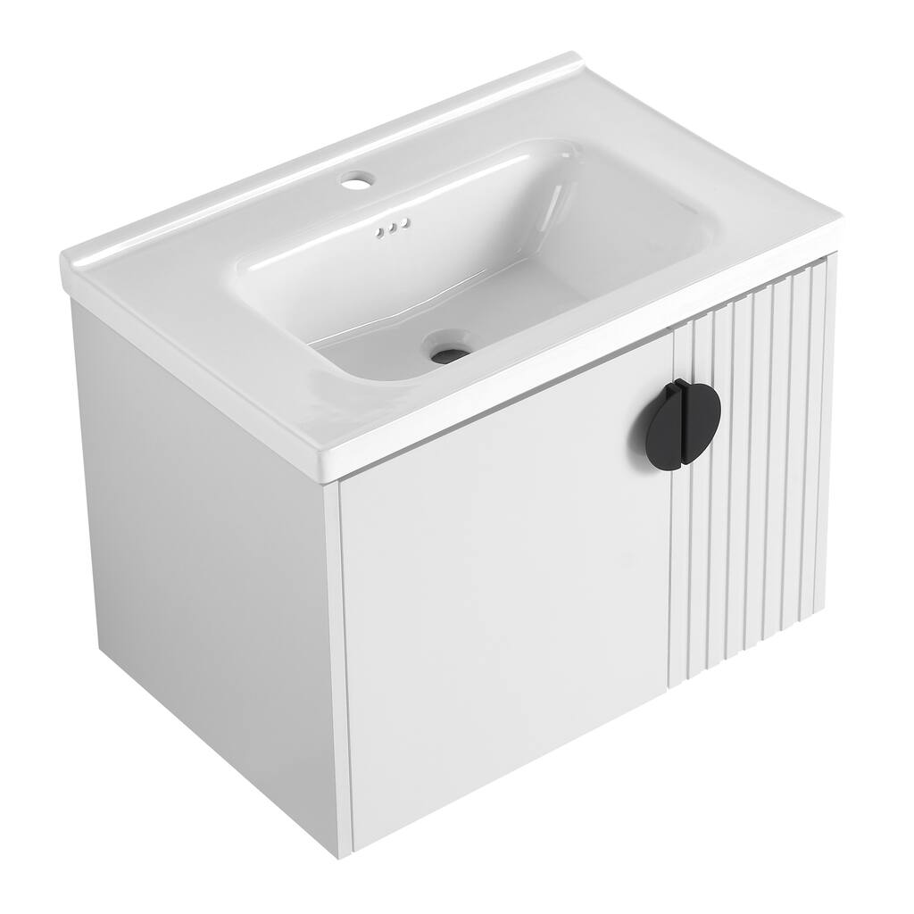 Wall-Mounted Bathroom Vanity with Ceramic Sink, Soft-Close Doors, Unique 3D Wave Design, and Metal Handles - 27.75in L Plywood