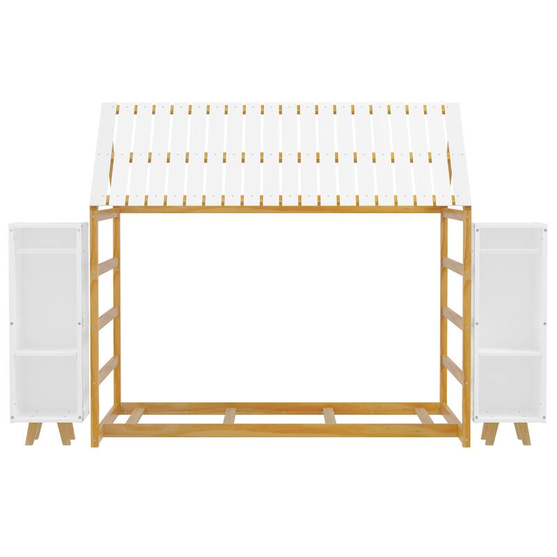 Twin Size House Bed with Fence, Roof, and Movable Wardrobes, Kids Floor Bed in Natural Finish