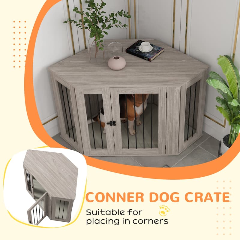 Walnut Brown and Cream White Dog Crate Side Table with Removable Cushion Spacious Interior