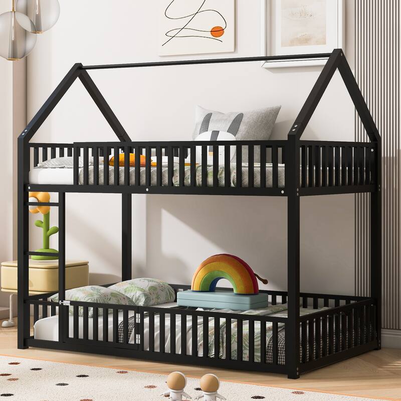 Metal Twin over Twin House Bunk Bed with Fence, Door & Playful Design - Black
