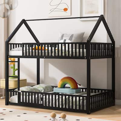 Metal Twin over Twin House Bunk Bed with Fence and Door