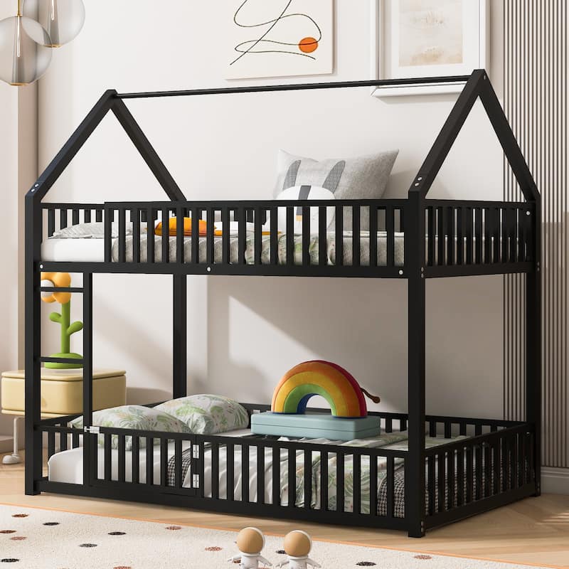Twin Over Twin House Bunk Bed with Fence and Door, Black - Black