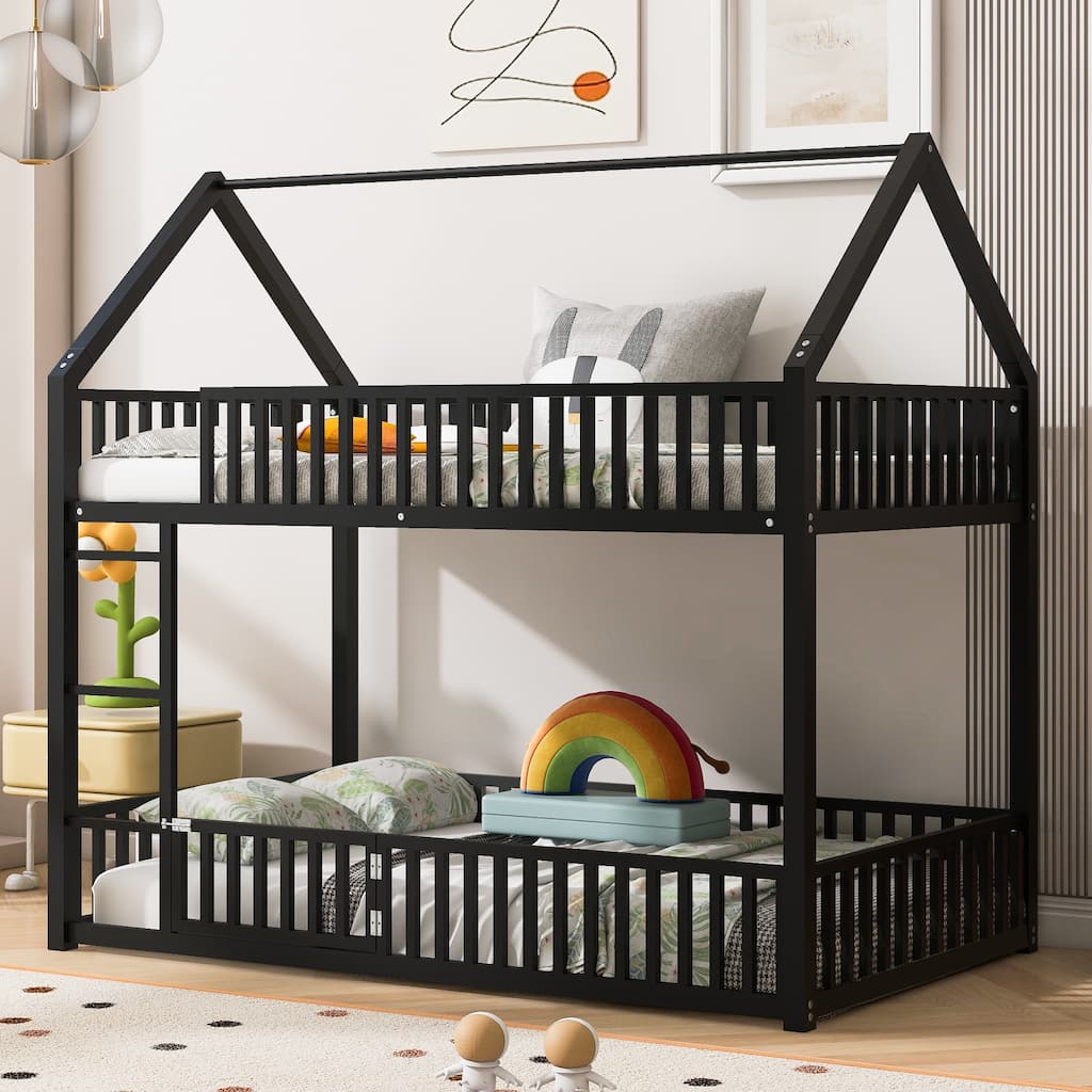 Twin Over Twin House Bunk Bed with Fence and Door, Black