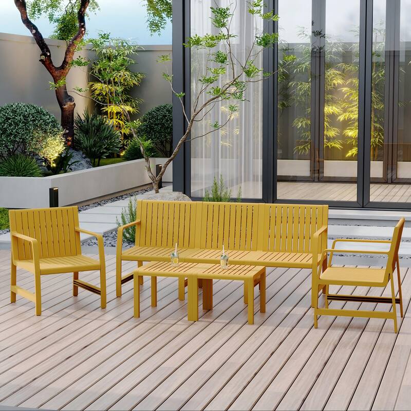 Malwee Indoor/Outdoor Furniture Chair Set with Table, All-Weather UV Resistant PP Material, for Garden, Balcony & Living Room - Yellow - 5-Piece