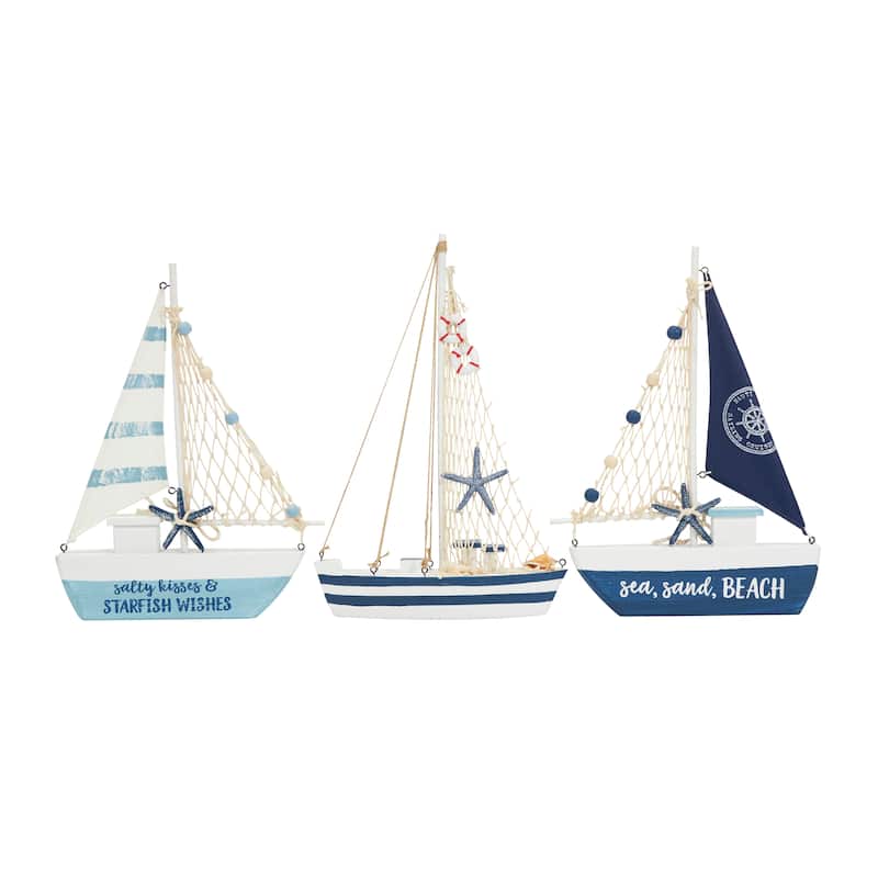 Resin Sail Boat Sculpture with Netting and Starfish Details - Set of 3 Blue - Roche River Decor - 2"W x 9"L x 14"H