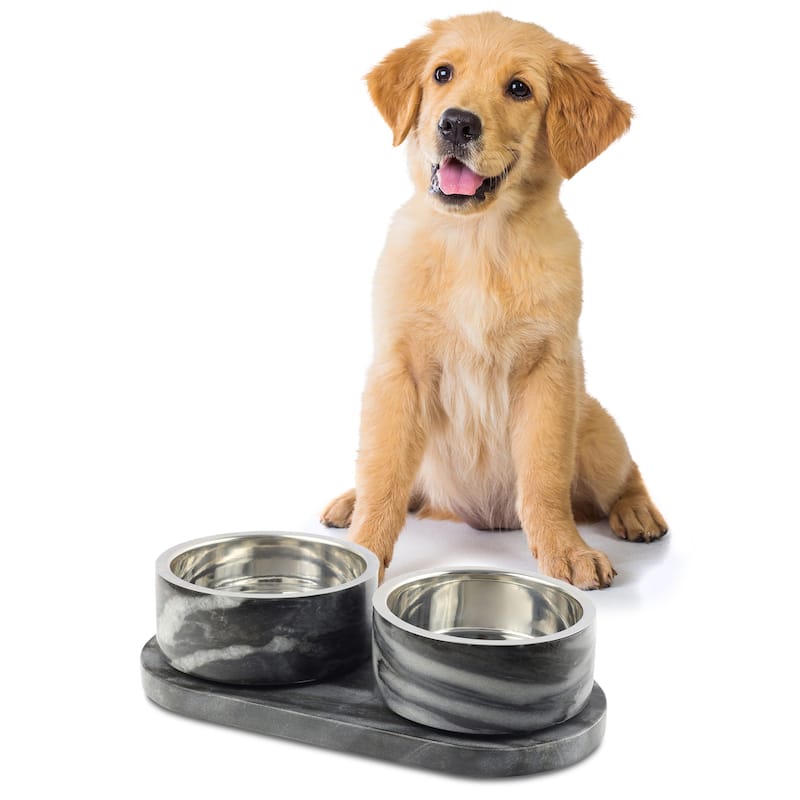 Marbre 12oz Double Pet Bowl Set - Marble & Stainless Steel with Non-Slip Tray - Black/White