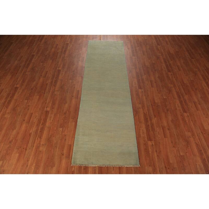 Green Gabbeh Modern Runner Rug Hand-Knotted Wool Carpet - 2'9" x 9'8"
