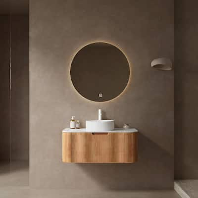 Ceramic Vessel Sink with Marble Vanity Top - Bathroom Cabinet with 3D Striped Finish
