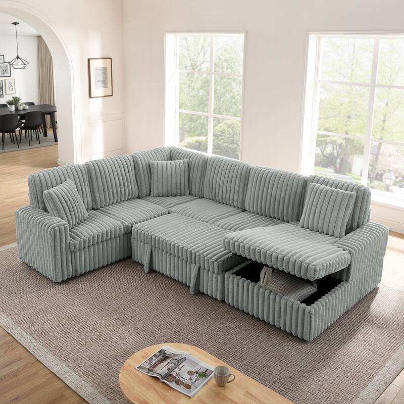 114” Modern Corduroy Striped U-shaped Combination Sofa with Pull-out Bed and Storage Chaise