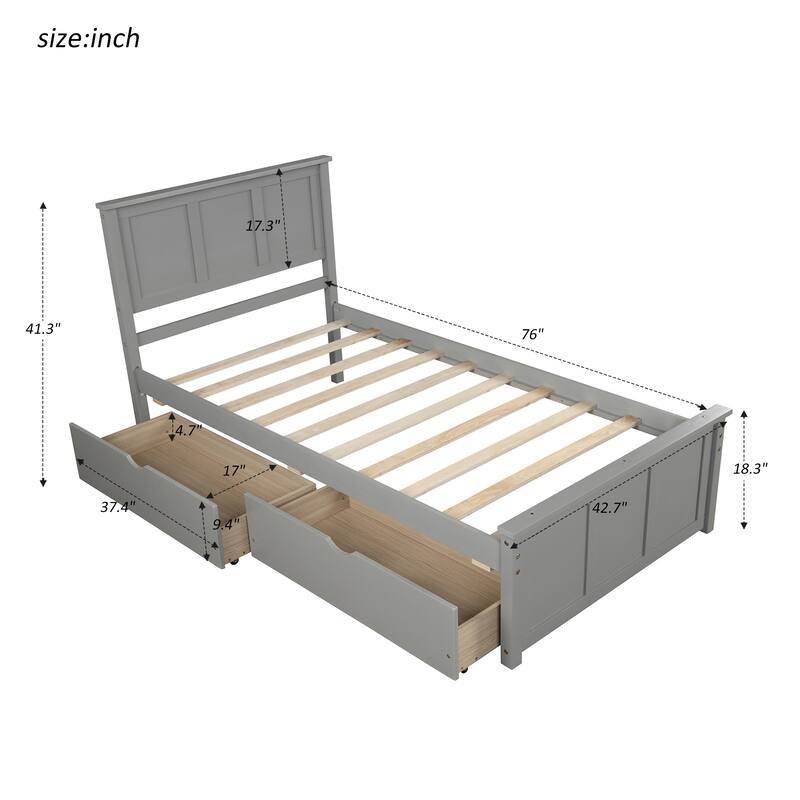 Twin Size Gray Platform Storage Bed with 2 Drawers on Wheels