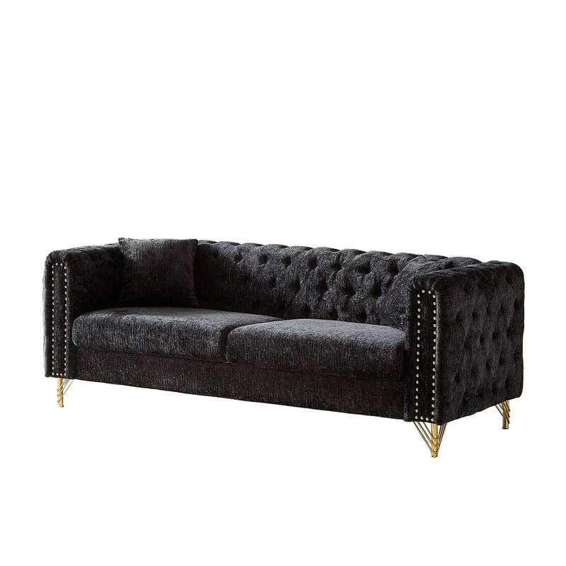 82-Inch Chesterfield-Style Chenille Sofa, Tufted Design with Nailhead Armrests and Metal Legs for Living Room