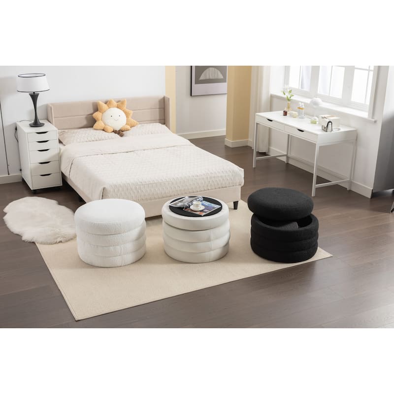 Velvet Round Ottoman with Storage, Footstool with Wooden Shelving, Multifunctional Round Vanity Stool for Makeup
