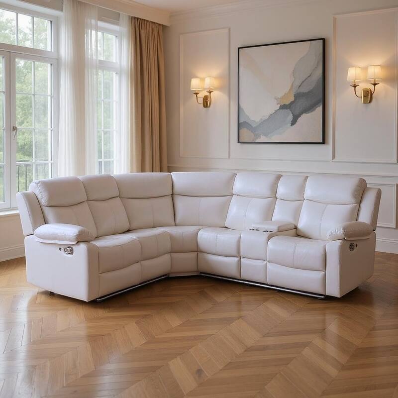 HomeRoots Off White Faux Leather Reclining Curved Six Piece Sectional With LED And Console - Right Facing - Off White