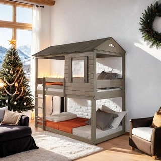 Twin/Twin Bunk Bed with Solid Pine Wood Frame & Guardrails, Grey