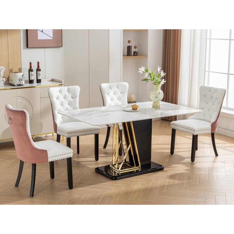 Set of 2 PU and Velvet Upholstered Dining Chairs with Nailhead Trim and Wooden Legs