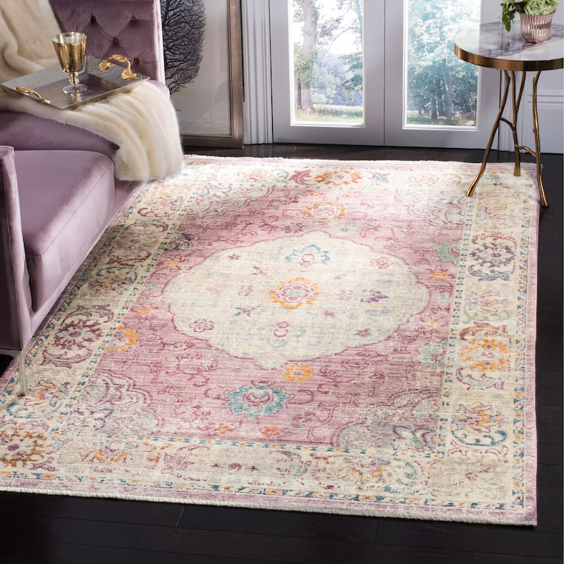 SAFAVIEH Illusion Lorri Vintage Boho Oriental Viscose Rug with - 4' Square - Rose/Cream