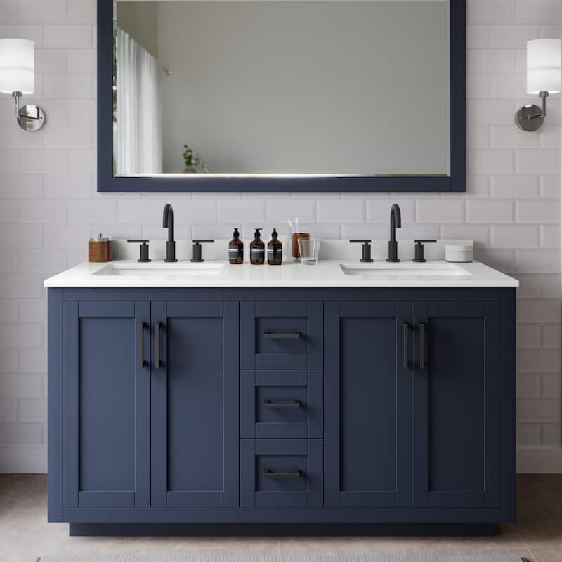 Wyndham Collection WCF292960D-QTZ-US3M58 Miranda 60" Free Standing - Dark Blue / White Quartz Top / Matte Black