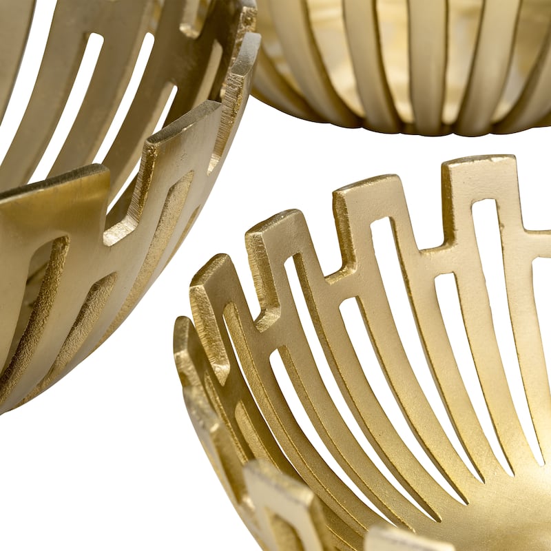 Set of 3 Metal Bowls Contemporary Abstract Glam Coastal Cut-Out Metallic Gold Bowl Set 11", 14", 16" Decorative Bowls