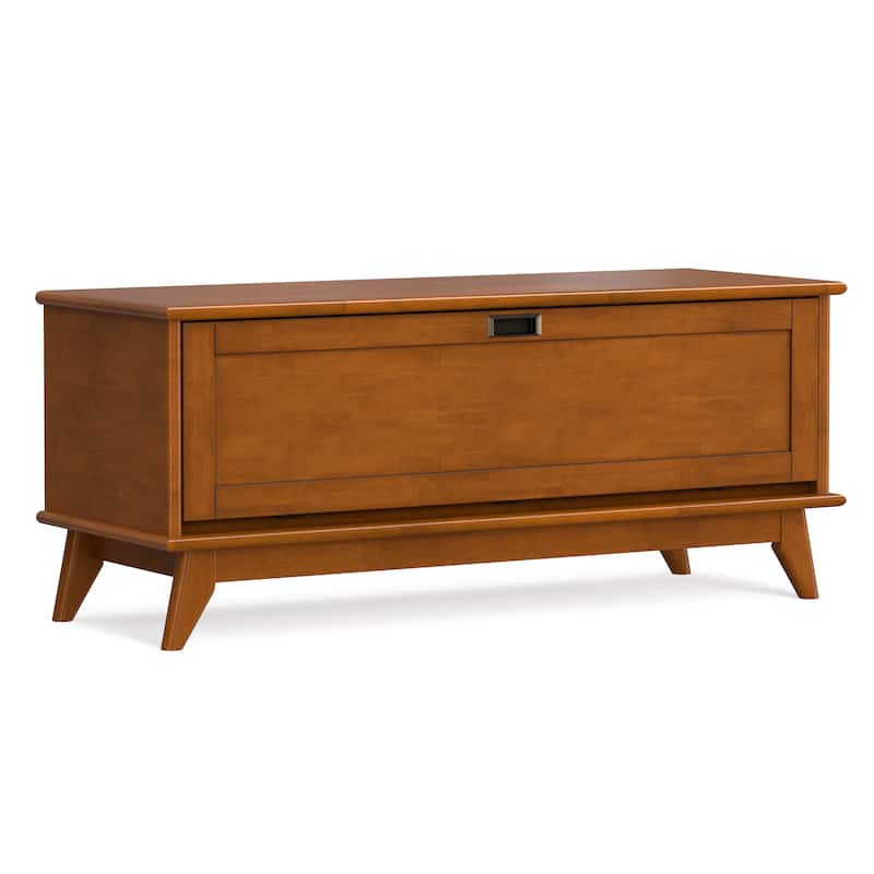 WYNDENHALL Tierney 44" Wide Solid Wood Mid Century Flip-Down Storage Bench in Teak Brown - 16"D x 44"W x 18.5"H
