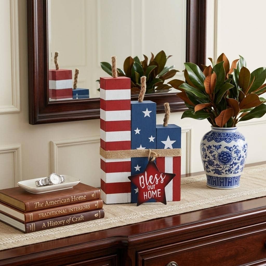 HomeRoots 14" Red White And Blue Bless Our Home Tabletop Sign - 8.00 in. x 14.00 in. x 3.00 in.