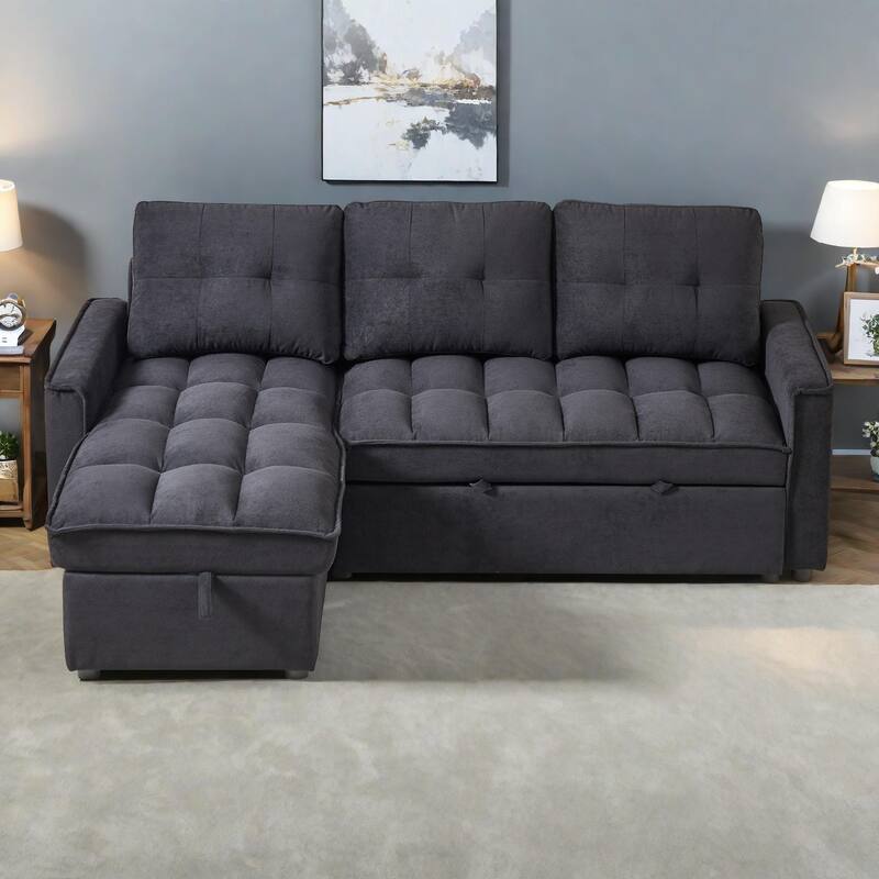 78.75" Chenille Pull-Out L-Shaped Sectional Sofa Bed with Charging Ports and Storage Chaise
