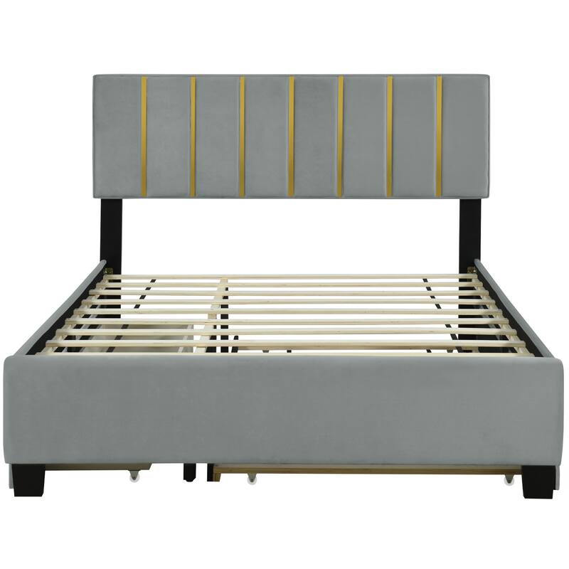 HomeRoots Gray Tufted Velvet Upholstered Queen Bed Frame With Trundle And Drawers