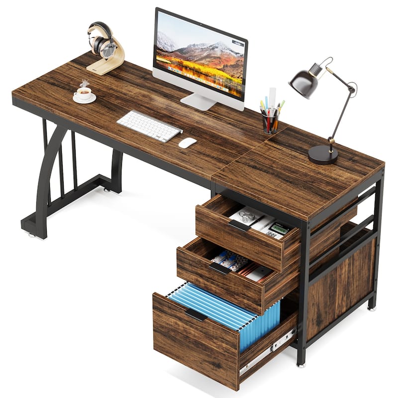 59 Inch Computer Desk with 3 Drawers, Industrial PC Desk Study Writing Table Workstation with File Storage, Home Office Desks