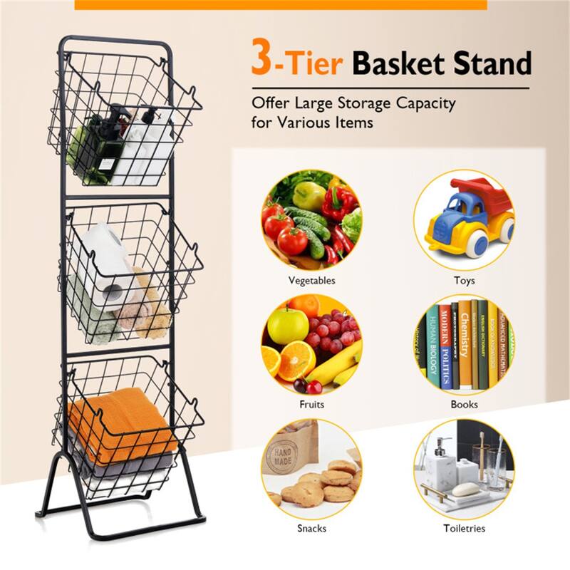 3-Tier Black Steel Kitchen Counter Fruit Basket Stand with Removable Wire Baskets - 12" x 11" x 42.5"(L x W x H)