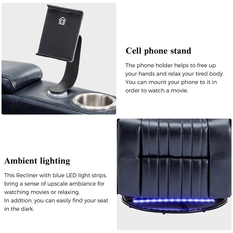 270° Swivel Home Theater Seat with LED Lights, Hidden Arm Storage, Tray Table & Phone Stand, Cup Holders, USB Port