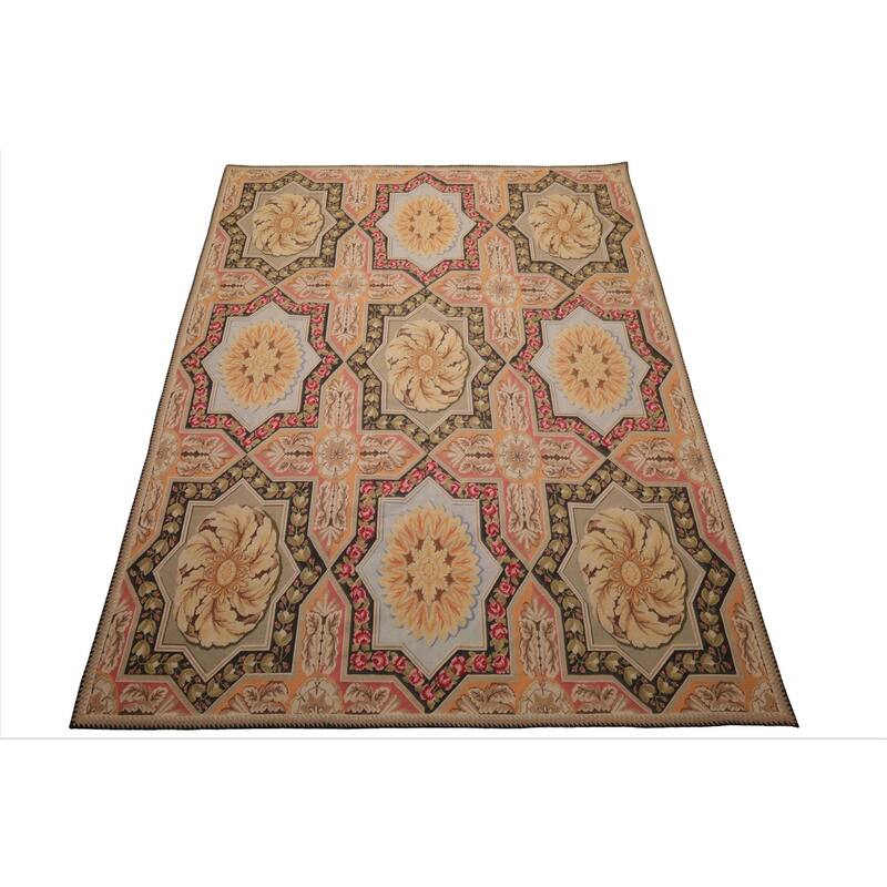 7'7''x9'8'' Hand Woven Wool Sage Aubusson Needlepoint European Rug - 7' 7'' x 9' 8''