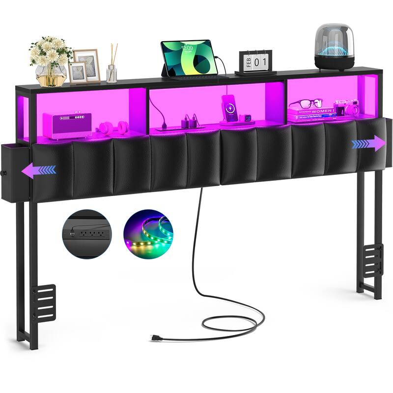 Upholstered Headboard with Hidden Drawer, Head Board with Power Outlet and LED Light